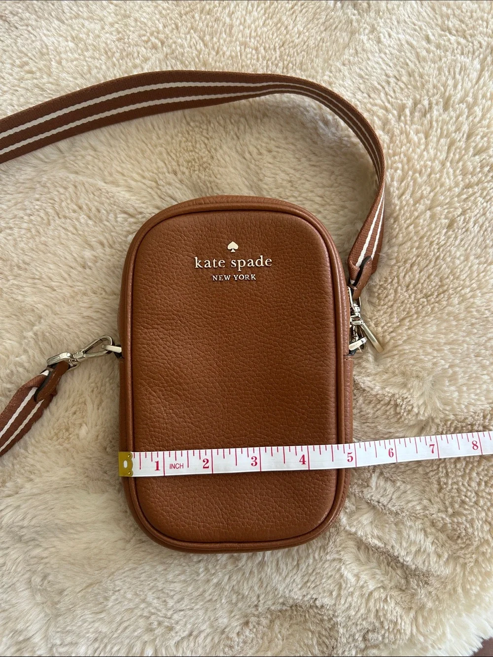 kate spade brown pebbled leather belt bag with striped strap